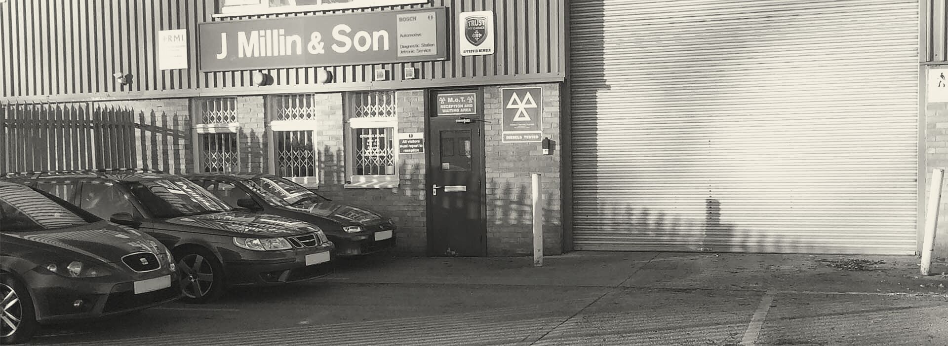 J Millin & Son garage premises at Witan Park, Station Lane, Witney, with the MOT testing station sign